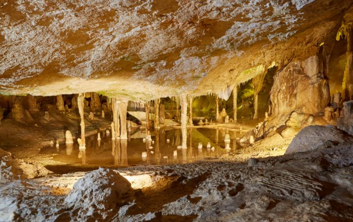 la cova de Can Marçà cuenta con estalactitas, estalagmitas y varios espeleotemas